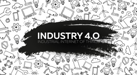 Industry 4.0 banner. Smart industrial revolution, automation, robot assistants. Vector illustration.