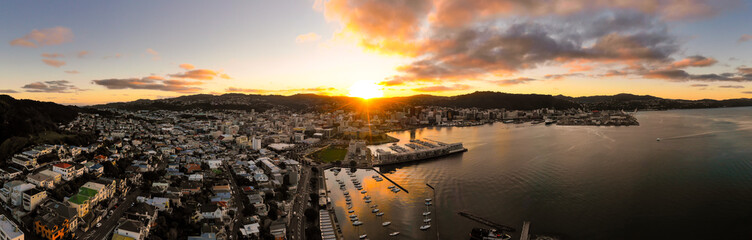 Aerial Panorama, Sunset Over Wellington, New Zealand 