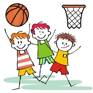 sports team, three happy kids , basketball, vector icon	