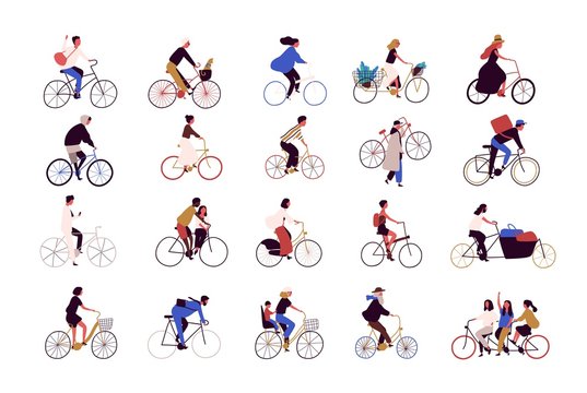 Group Of Tiny People Riding Bikes On City Street During Festival, Race Or Parade. Collection Of Men And Women On Bicycles Isolated On White Background. Colored Vector Illustration In Cartoon Style.