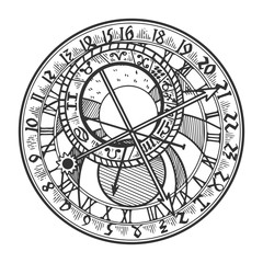 Prague astronomical clock engraving vector illustration. Scratch board style imitation. Black and white hand drawn image. - obrazy, fototapety, plakaty
