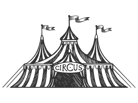 Circus tent engraving vector illustration. Scratch board style imitation. Black and white hand drawn image.