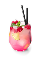Glass of fresh raspberry mojito on white background