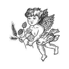 Angel with barley and hops engraving vector illustration. Scratch board style imitation. Black and white hand drawn image.