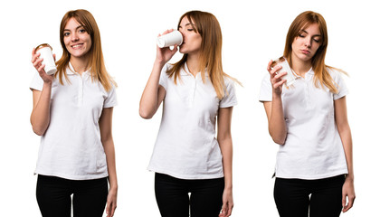 Set of Beautiful young girl holding a cup of coffee