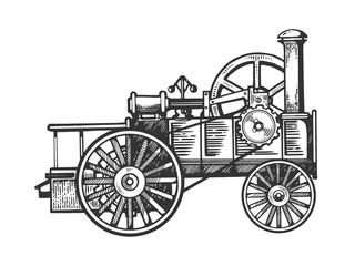 Steam engine tractor engraving vector illustration. Scratch board style imitation. Black and white hand drawn image.