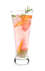 Fresh grapefruit cocktail with rosemary in glass on white background