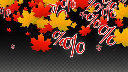 Vector Percentage Sign and Autumn Leaves Confetti on Transparent Background. Percent Sale Background. Business, Economics, Finance Print. Discount Illustration. Promotion poster. Black Friday Banner. 