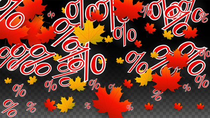 Vector Percentage Sign and Autumn Leaves Confetti on Transparent Background. Percent Sale Background. Business, Economics, Finance Print. Discount Illustration. Promotion poster. Black Friday Banner. 