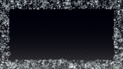 Christmas  Vector Background with White Falling Snowflakes Isolated on Transparent Background. Realistic Snow Sparkle Pattern. Snowfall Overlay Print. Winter Sky. Design for Party Invitation.