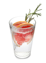 Fresh grapefruit cocktail with rosemary in glass on white background