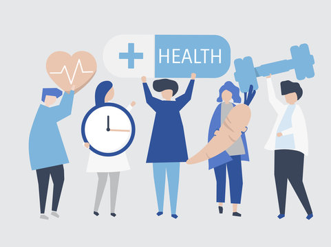 Characters of people holding health icons illustration