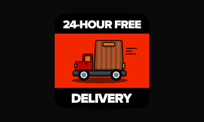 24 Hour Free Delivery Sticker with Truck and Bag Vector Illustration