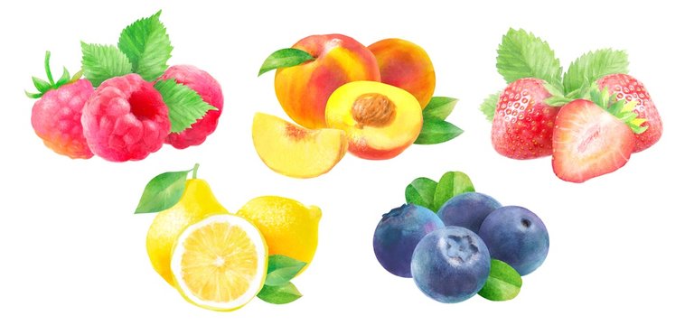watercolor illustration of fruits and berries: strawberry, raspberry, peach, blueberry and lemon, isolated drawings by hand on white background