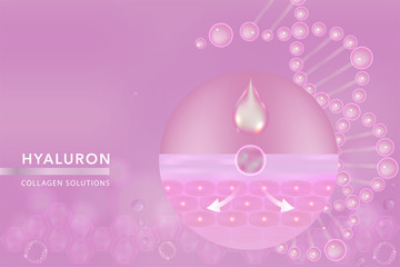 Hyaluronic acid skin solutions ad, pink collagen serum drop with cosmetic advertising background ready to use, vector illustration.