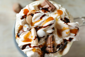 Cup of delicious cocoa with marshmallows, closeup