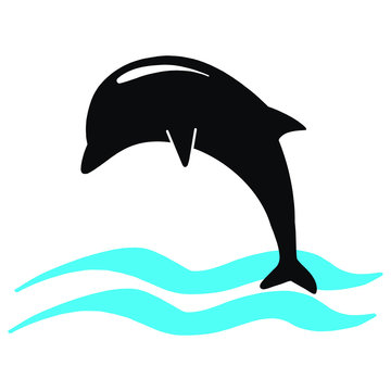 jumping dolphin in the sea. Vector graphic in black white and blue