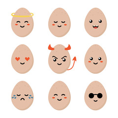 Cute cartoon brown chicken egg character with different facial expressions, emotions. Set, collection of emoji isolated on white background.