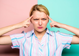 Stress resistance concept. Girl try concentrate on her thoughts. Woman painful face suffers...