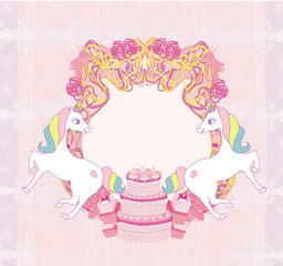 Frame with unicorns and birthday cake © diavolessa
