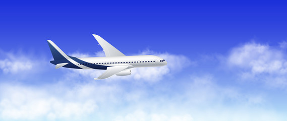 Vector illustration of  passenger airplane in the cloudy blue sky