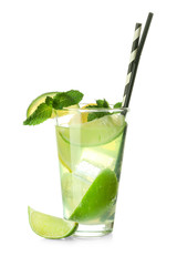 Glass of fresh mojito on white background