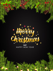 Christmas border (Weihnachten Girlande) with fir branches, pine cones, holly, and string lights. Merry Christmas background with Merry Christmas greeting card.