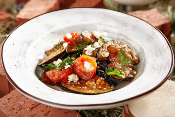 Vegetarian Eggplant Salad with Baked Aubergine, Cherry Tomatoes and Cilantro Close Up