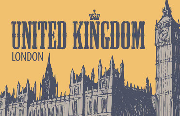 Vector postcard with hand drawn Palace of Westminster and Big Ben in London, UK. Retro postcard with words United Kingdom, London