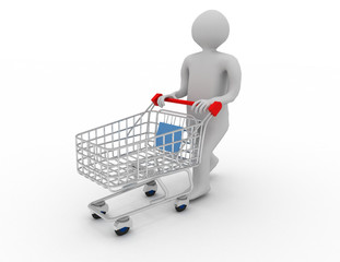 3d man with cart.shopping concept
