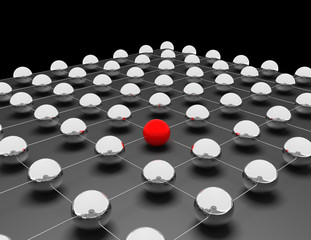 Red sphere between others grey: networking and internet concept