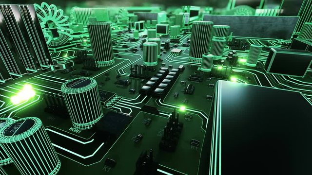 Beautiful Flight Over Main Card With Green Signals on Tracks and Moving Inside Processor. Abstract 3d Animation in Cyberspace with Bright Flashes and Numbers. Digital Concept. 4k UHD 3840x2160.