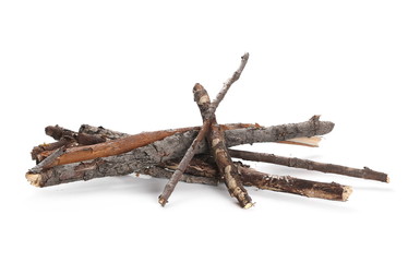 Dry and rotten branches, piled up, isolated  on white background