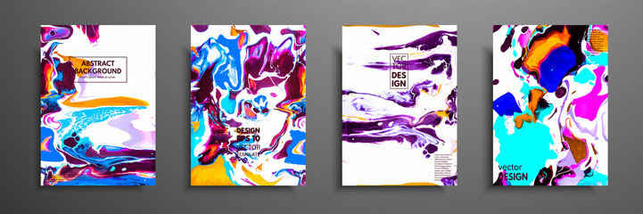Covers with acrylic liquid textures. Colorful abstract composition. Modern artwork. Vector illustrations with mixed blue, purple, orange and white color. Applicable for design placard, flyer, poster.