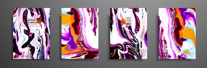 Covers with acrylic liquid textures. Colorful abstract composition. Modern artwork. Vector illustrations with mixed blue, purple, orange and white color. Applicable for design placard, flyer, poster.