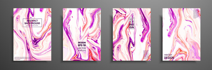 Flyer layout template with mixture of acrylic paints. Liquid marble texture. Fluid art. Applicable for design cover, flyer, poster, placard. Mixed pink, purple and white paints