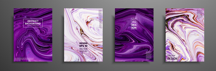 Flyer layout template with mixture of acrylic paints. Liquid marble texture. Fluid art. Applicable for design cover, flyer, poster, placard. Mixed blue, purple, orange and white paints