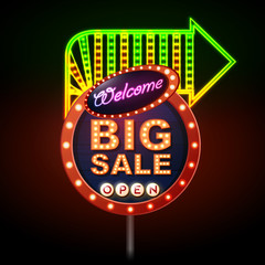 Neon sign big sale open. Vintage electric signboard. Road sign