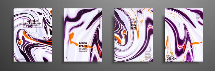 Covers with acrylic liquid textures. Colorful abstract composition. Modern artwork. Vector illustrations with mixed purple, orange and white color. Applicable for design placard, flyer, poster