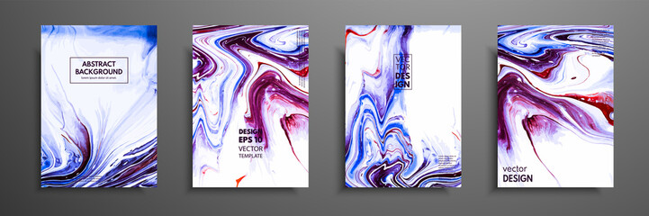 Covers with acrylic liquid textures. Colorful abstract composition. Modern artwork. Vector illustrations with mixed blue, purple, red and white color. Applicable for design placard, flyer, poster