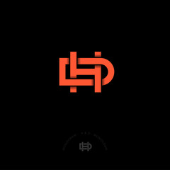 H and D letters. H and D monogram consist of twisted red lines, isolated on a dark background. Monochrome option.