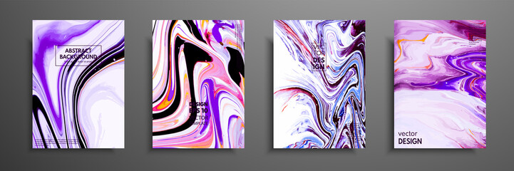 Covers with acrylic liquid textures. Colorful abstract composition. Modern artwork. Vector illustrations with mixed blue, purple, black and white color. Applicable for design placard, flyer, poster