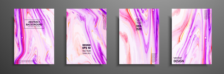 Covers with acrylic liquid textures. Colorful abstract composition. Modern artwork. Vector illustrations with mixed blue, purple, pink and white color. Applicable for design placard, flyer, poster