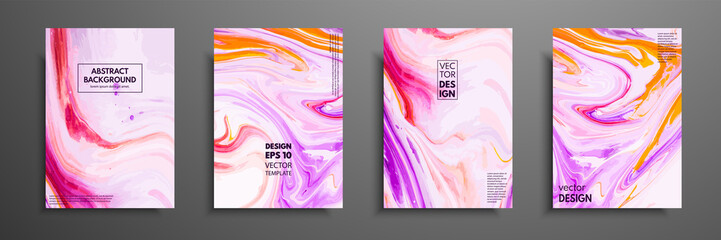 Flyer layout template with mixture of acrylic paints. Liquid marble texture. Fluid art. Applicable for design cover, flyer, poster, placard. Mixed pink, purple and orange paints