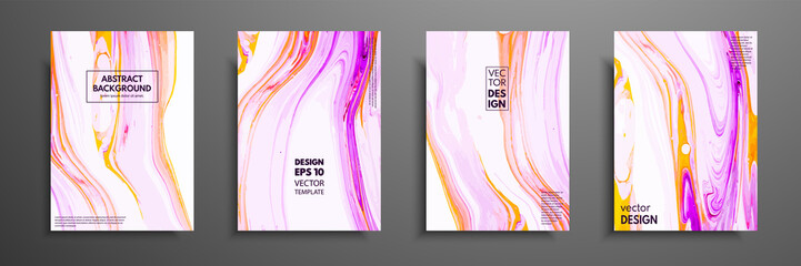 Flyer layout template with mixture of acrylic paints. Liquid marble texture. Fluid art. Applicable for design cover, flyer, poster, placard. Mixed pink, purple, orange and white paints
