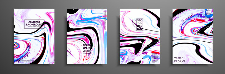Flyer layout template with mixture of acrylic paints. Liquid marble texture. Fluid art. Applicable for design cover, flyer, poster, placard. Mixed pink, blue, black and white paints