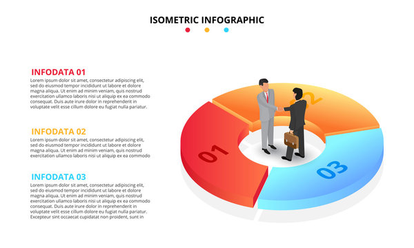 Vector isometric infographic with businessman handshake. Template for diagram, presentation and pie chart. Business concept with 3 options, parts, steps or processes. Partnership concept.