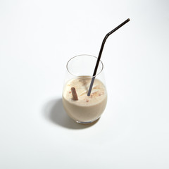 Macro Photo of Nut Smoothie with Walnut Milk, Pears and Banana Isolated on White Background