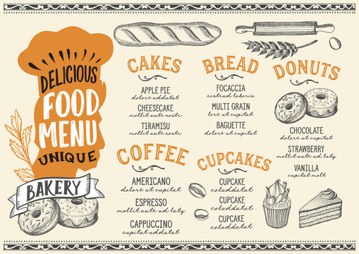 Bakery food menu template for restaurant with chefs hat lettering.