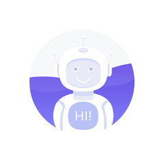 Cute smiling robot,chat bot say hi..Isolated on white background.Speak bubble. Voice support service chat bot,virtual online help customer support. Modern vector illustration